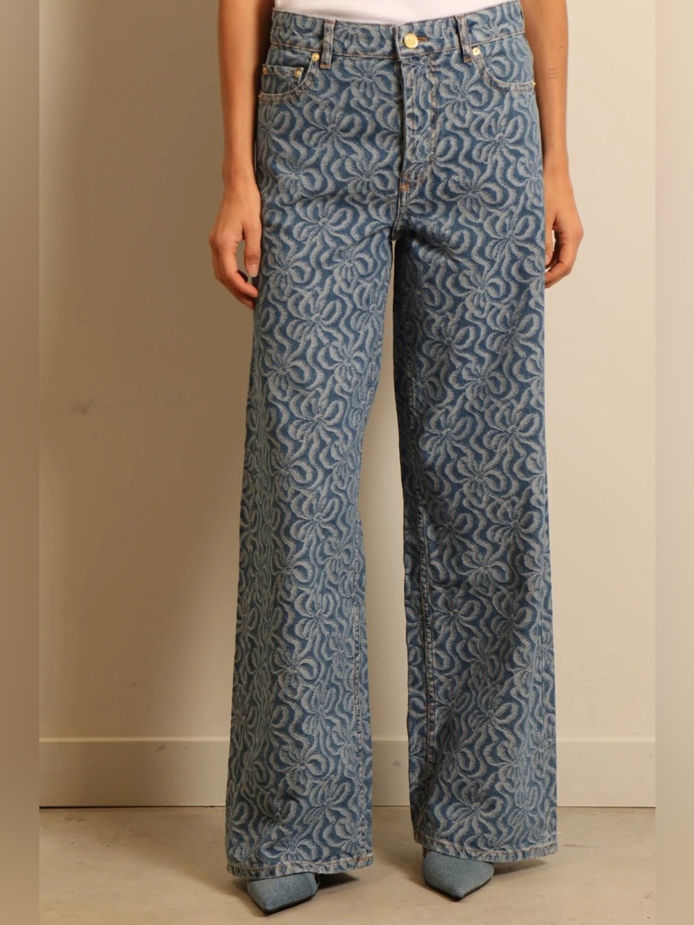 Ganni Blue Jacquard Floral-Textured Wide-Leg Jeans